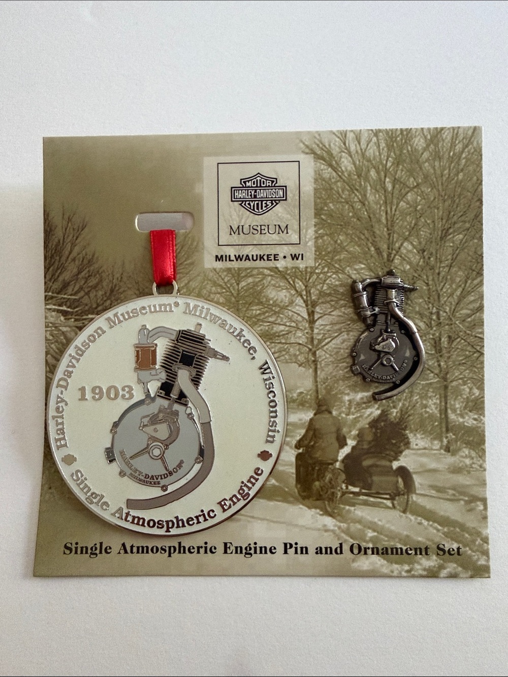 Harley-Davidson White and Silver Single Atmospheric Engine Ornament & Pin Set